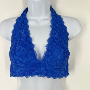 Intimately Free People Women L Royal Blue Floral Lace Halter Galloon Bralette